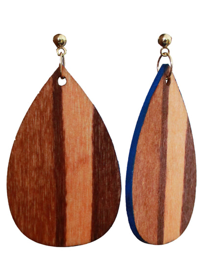 Brown Wood Straight Line Patterned Teardrop Earrings