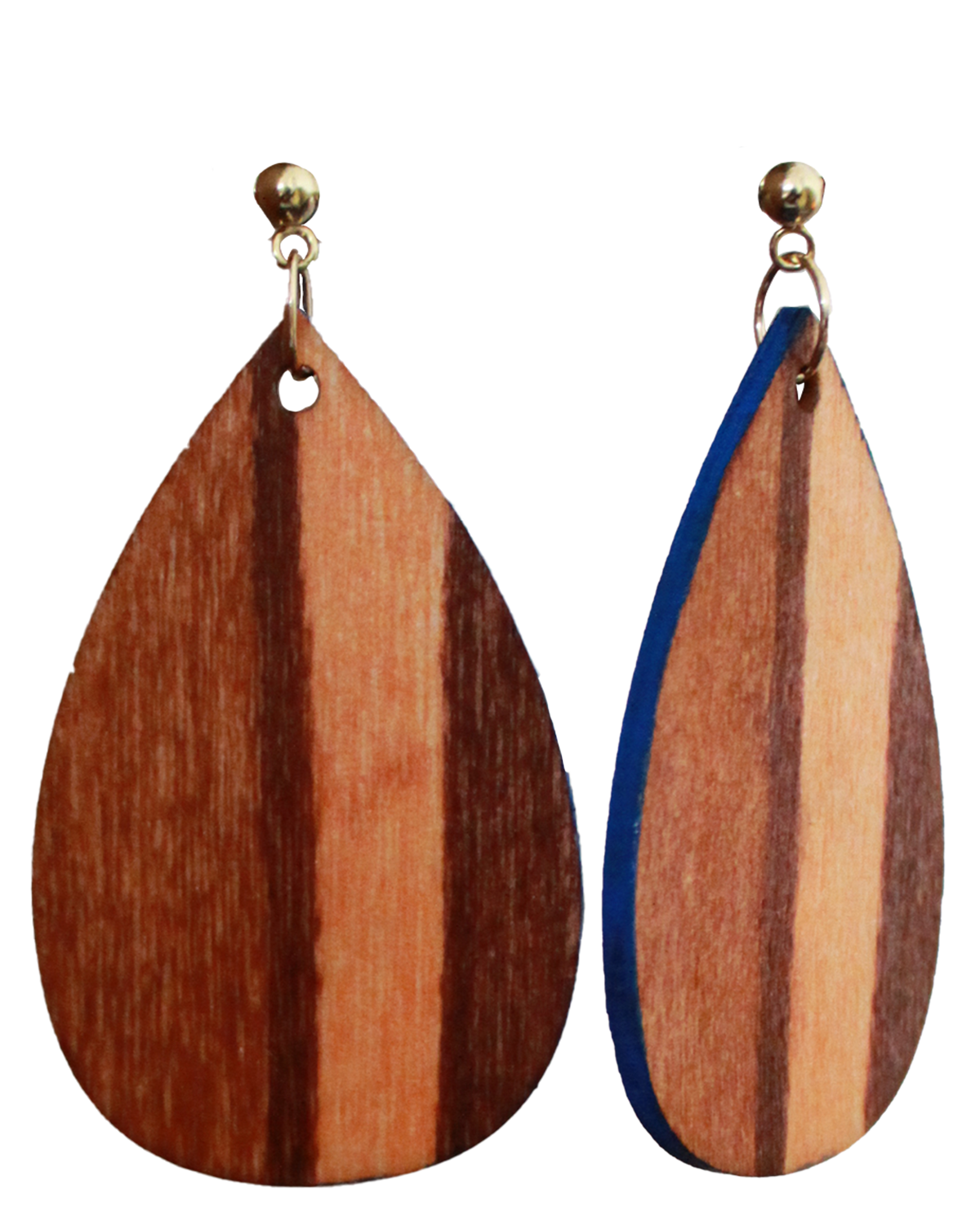 Brown Wood Straight Line Patterned Teardrop Earrings