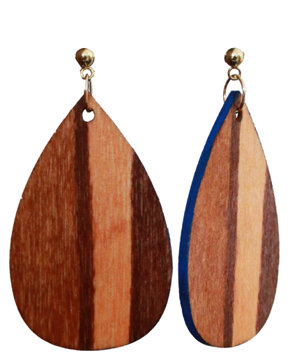 Brown Wood Straight Line Patterned Teardrop Earrings