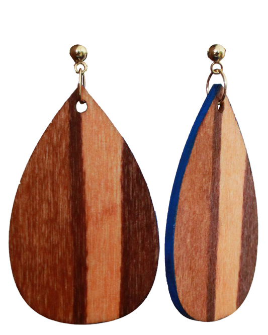Brown Wood Straight Line Patterned Teardrop Earrings