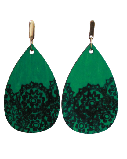 Green with Black Pattern Teardrop Earrings