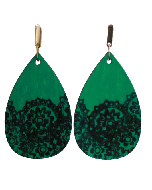 Green with Black Pattern Teardrop Earrings