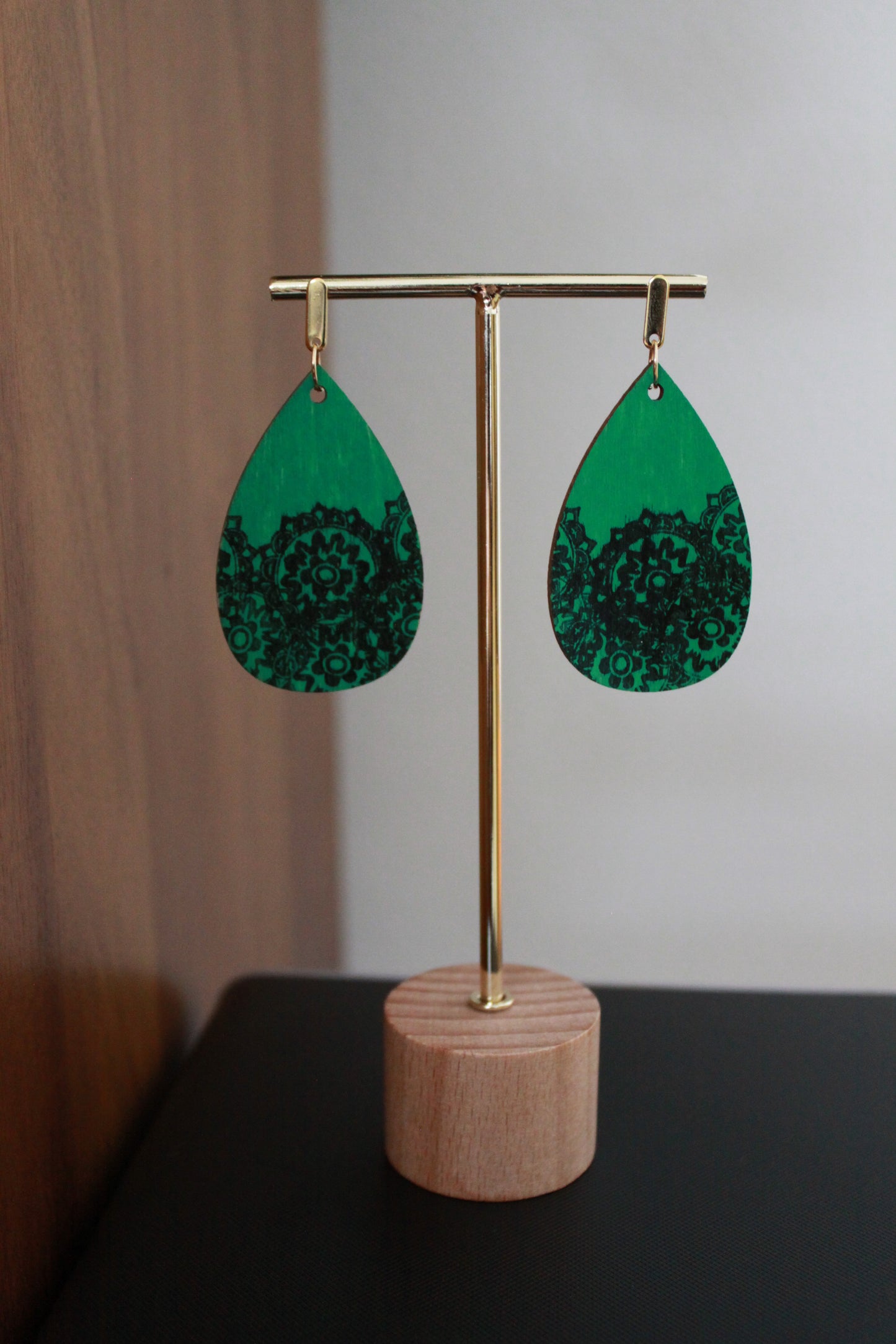 Green with Black Pattern Teardrop Earrings