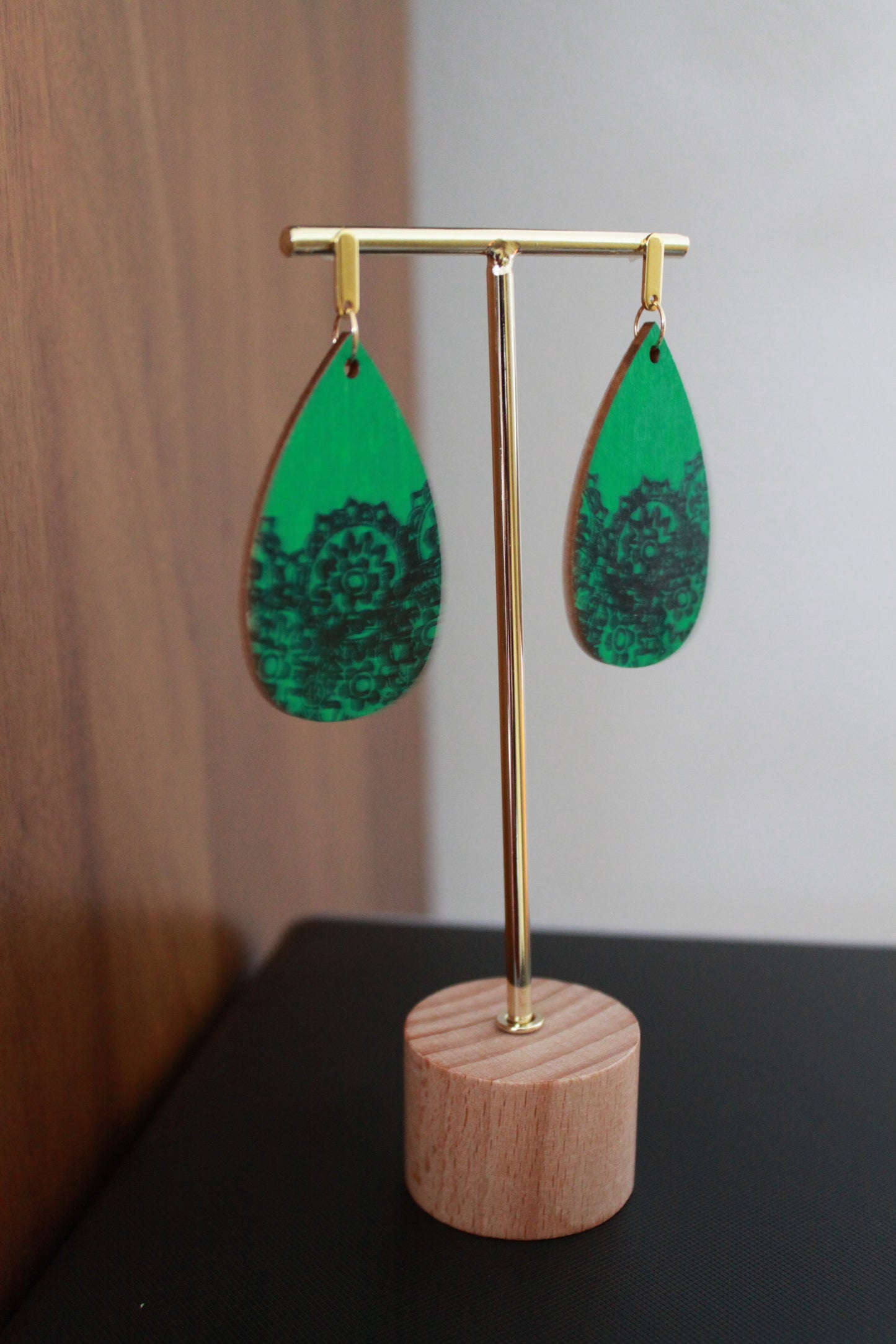 Green with Black Pattern Teardrop Earrings