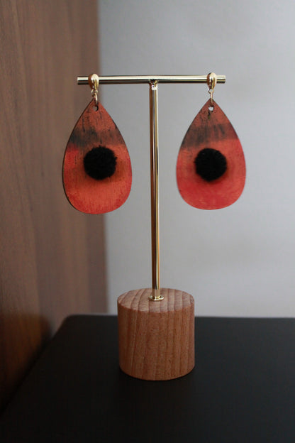 Orange with Black Pom Pom Teardrop Earrings
