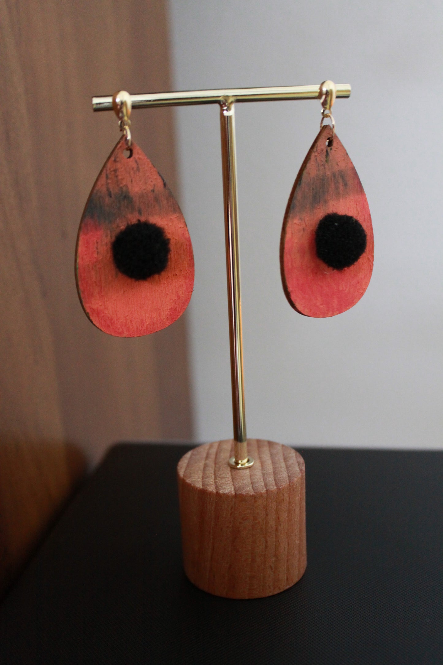 Orange with Black Pom Pom Teardrop Earrings