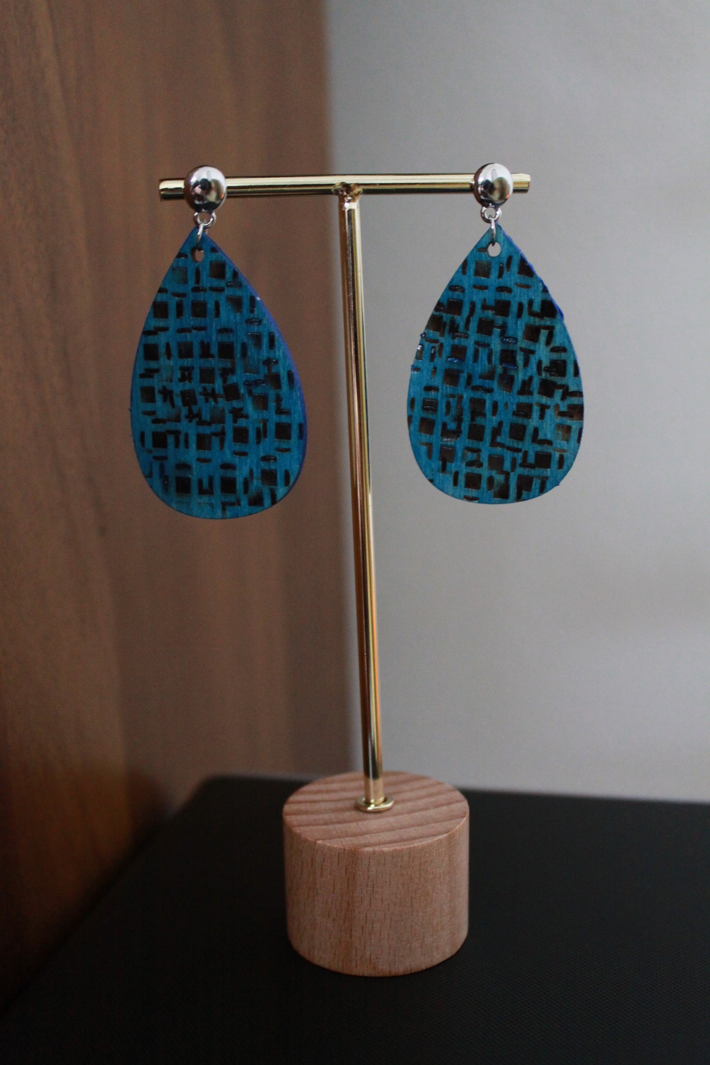 Burnt Wood Teal Teardrop Earrings