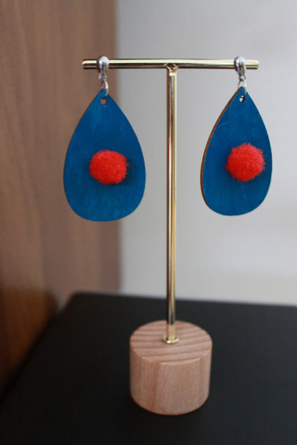Blue with Red Pom Pom Teardrop Earrings