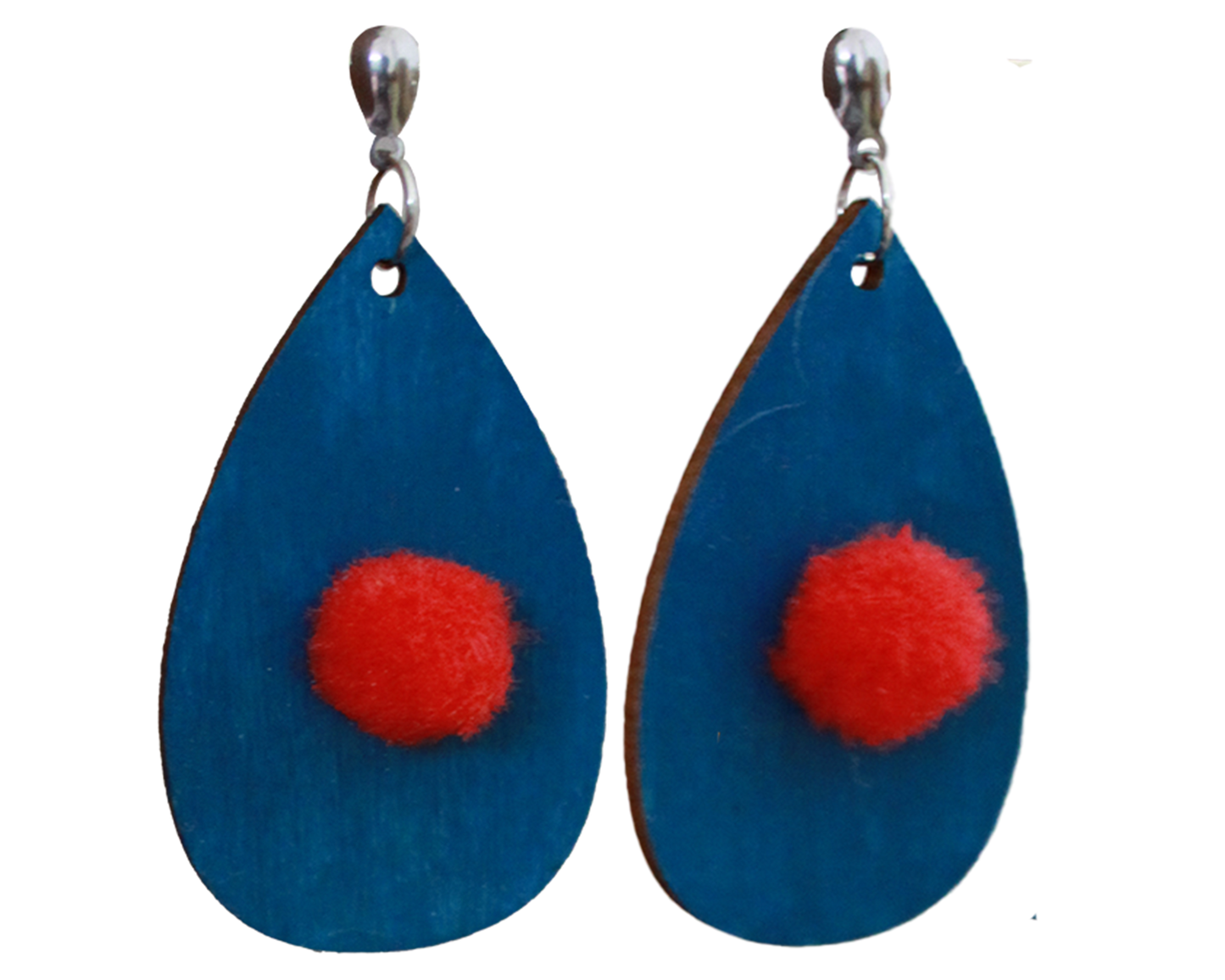 Blue with Red Pom Pom Teardrop Earrings