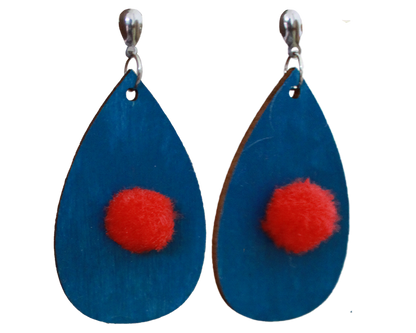 Blue with Red Pom Pom Teardrop Earrings