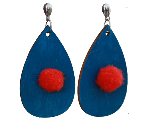 Blue with Red Pom Pom Teardrop Earrings