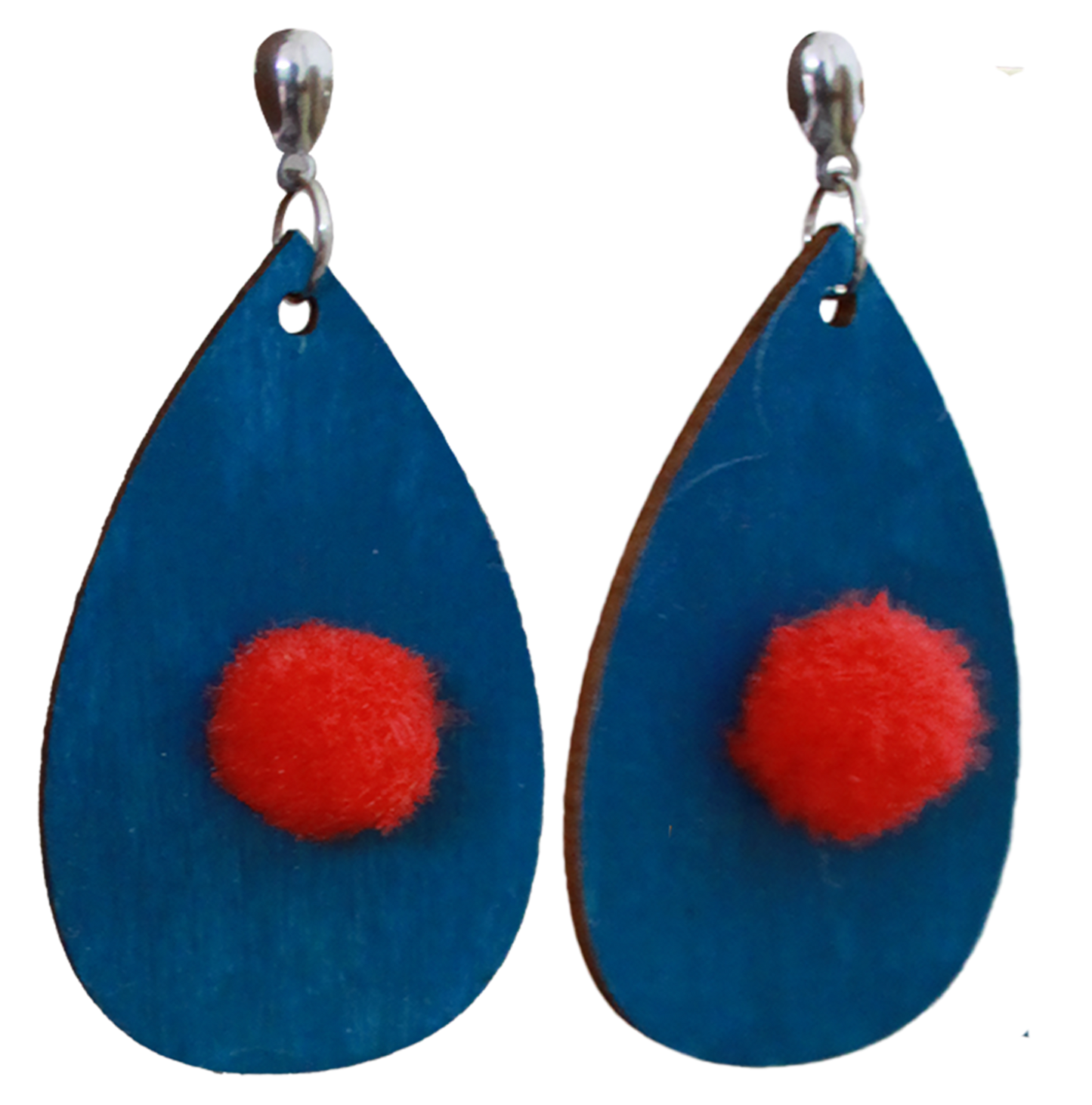 Blue with Red Pom Pom Teardrop Earrings