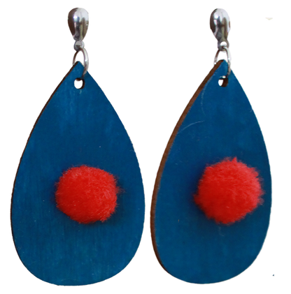 Blue with Red Pom Pom Teardrop Earrings