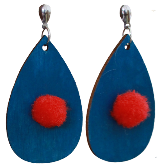 Blue with Red Pom Pom Teardrop Earrings