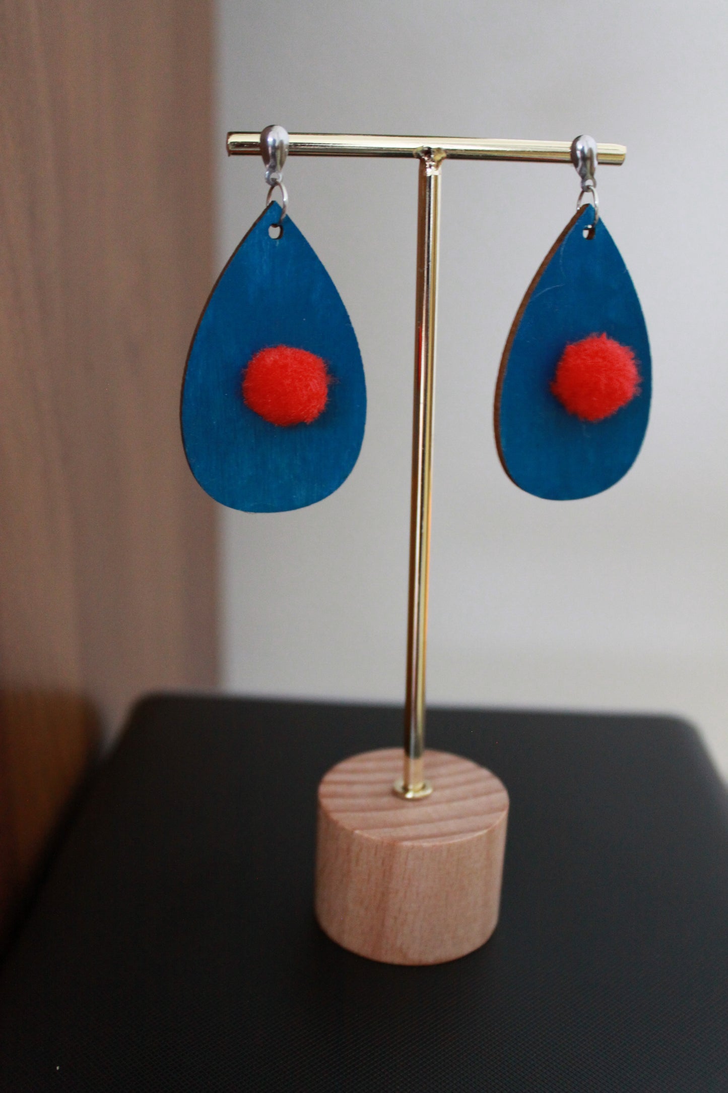 Blue with Red Pom Pom Teardrop Earrings