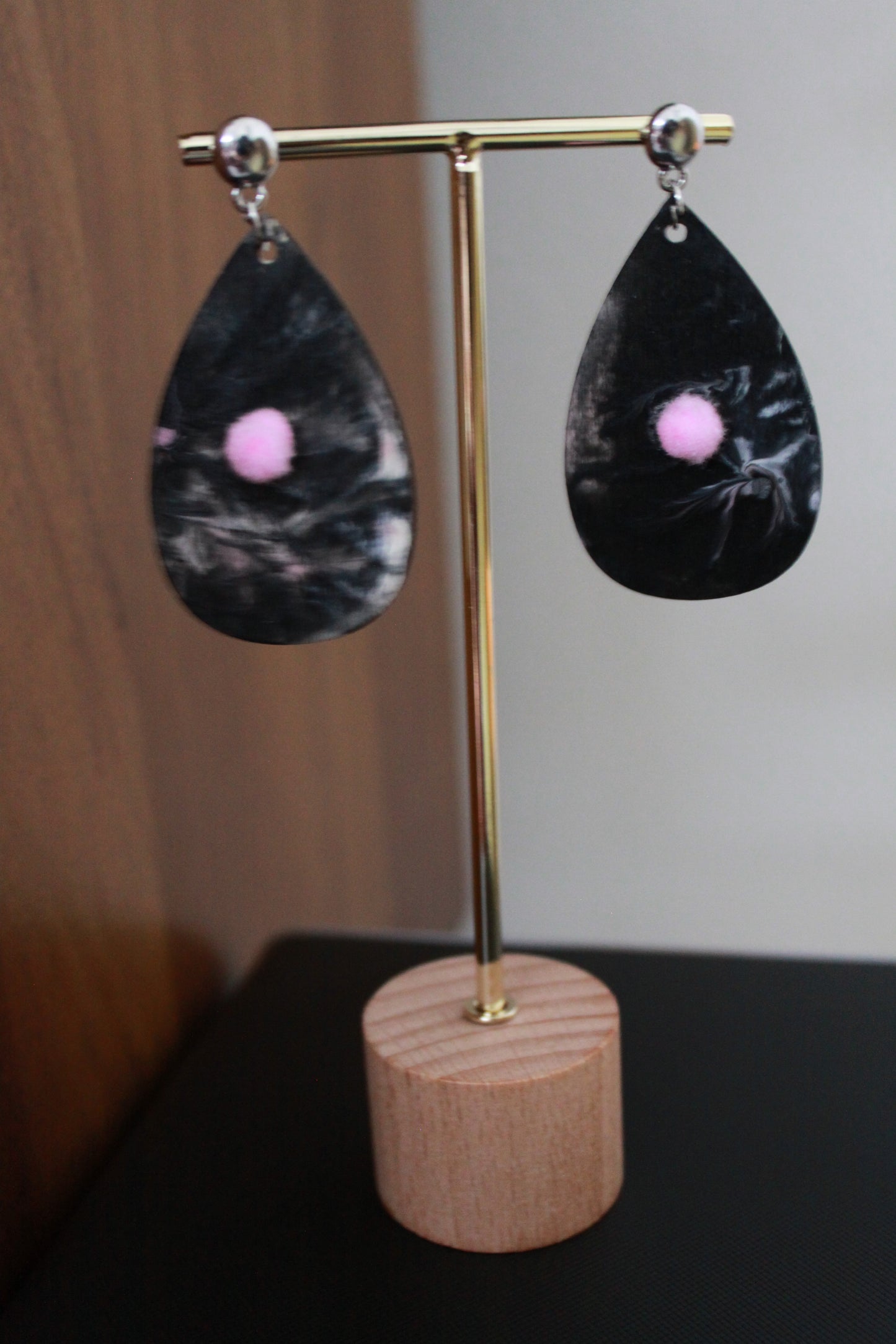 Blackish Pink Marbled with Pink Pom Pom Teardrop Earrings