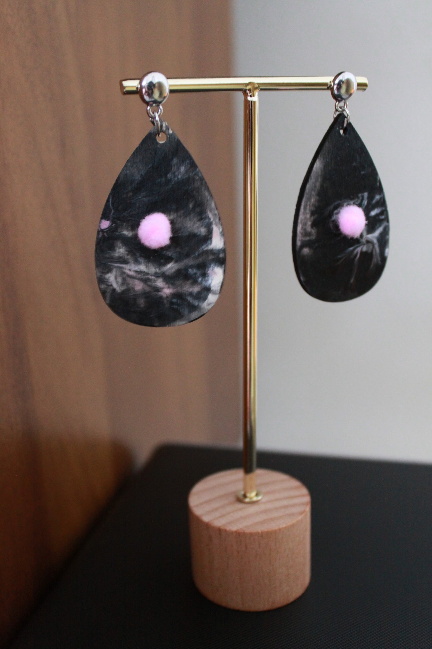 Blackish Pink Marbled with Pink Pom Pom Teardrop Earrings