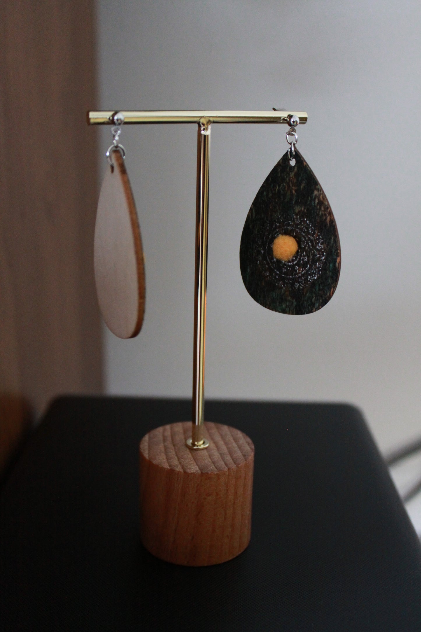 Rustic Green with Silver Stencil and Yellow Pom Pom Teardrop Earrings