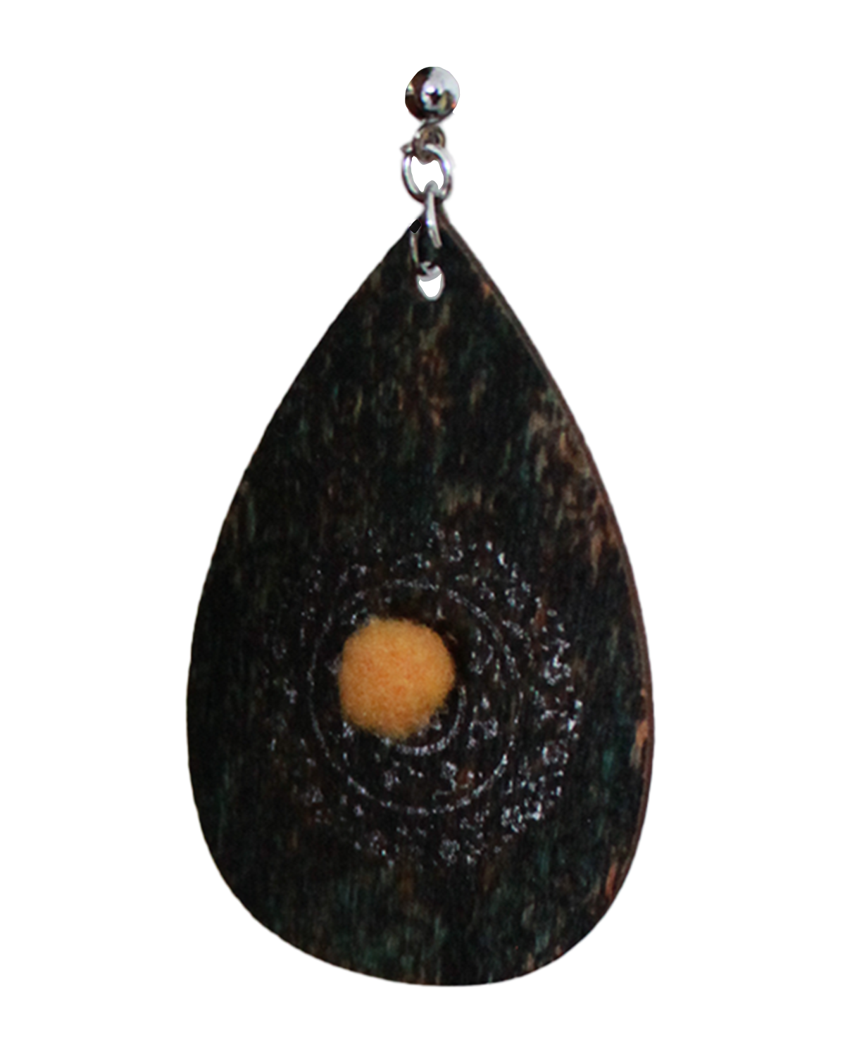 Rustic Green with Silver Stencil and Yellow Pom Pom Teardrop Earrings