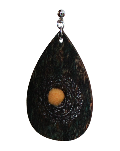 Rustic Green with Silver Stencil and Yellow Pom Pom Teardrop Earrings
