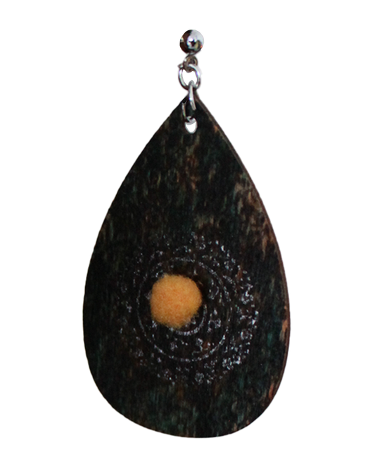 Rustic Green with Silver Stencil and Yellow Pom Pom Teardrop Earrings