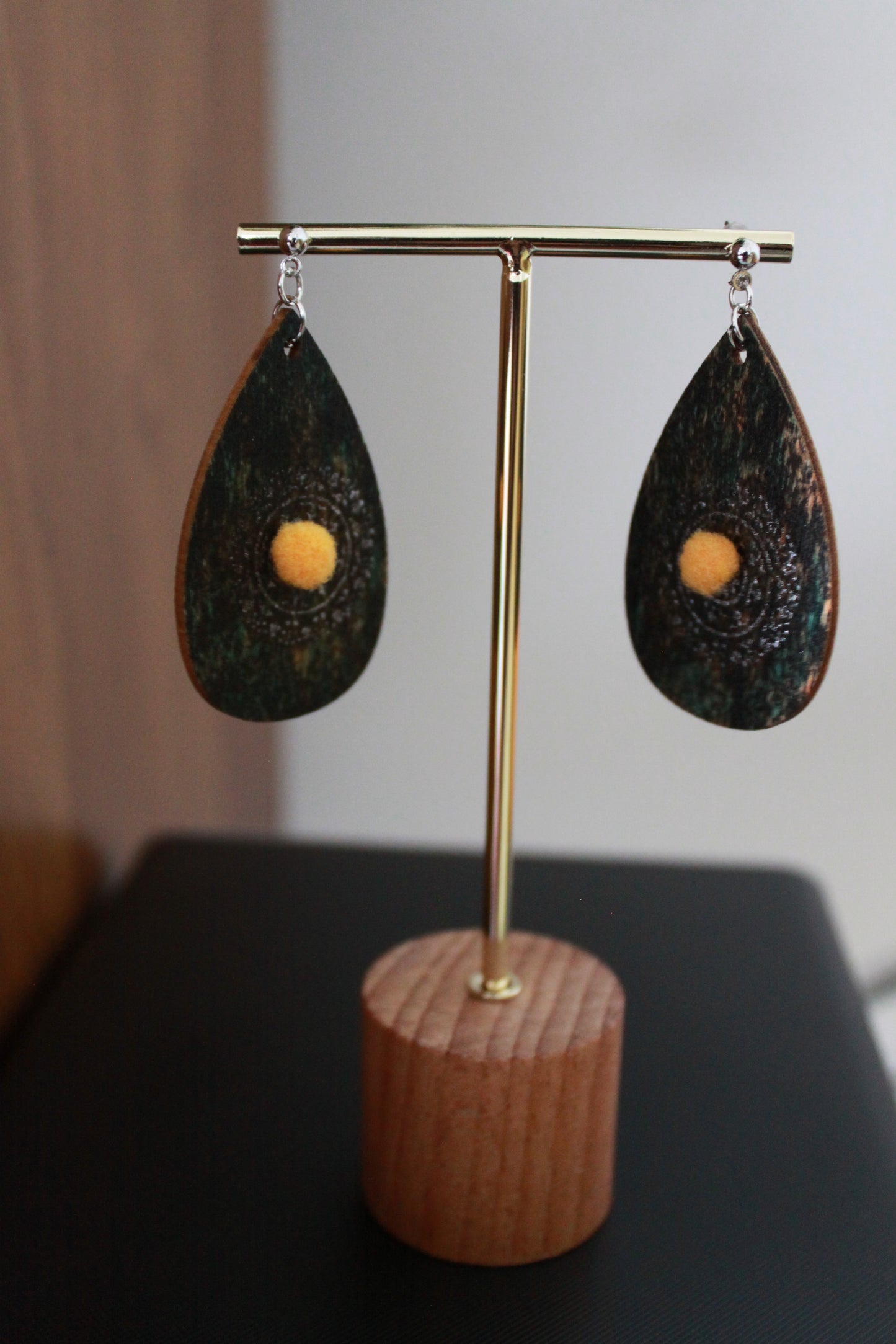 Rustic Green with Silver Stencil and Yellow Pom Pom Teardrop Earrings