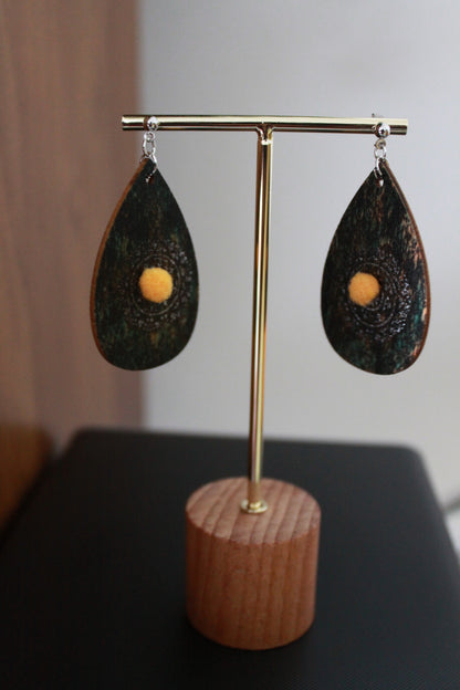 Rustic Green with Silver Stencil and Yellow Pom Pom Teardrop Earrings
