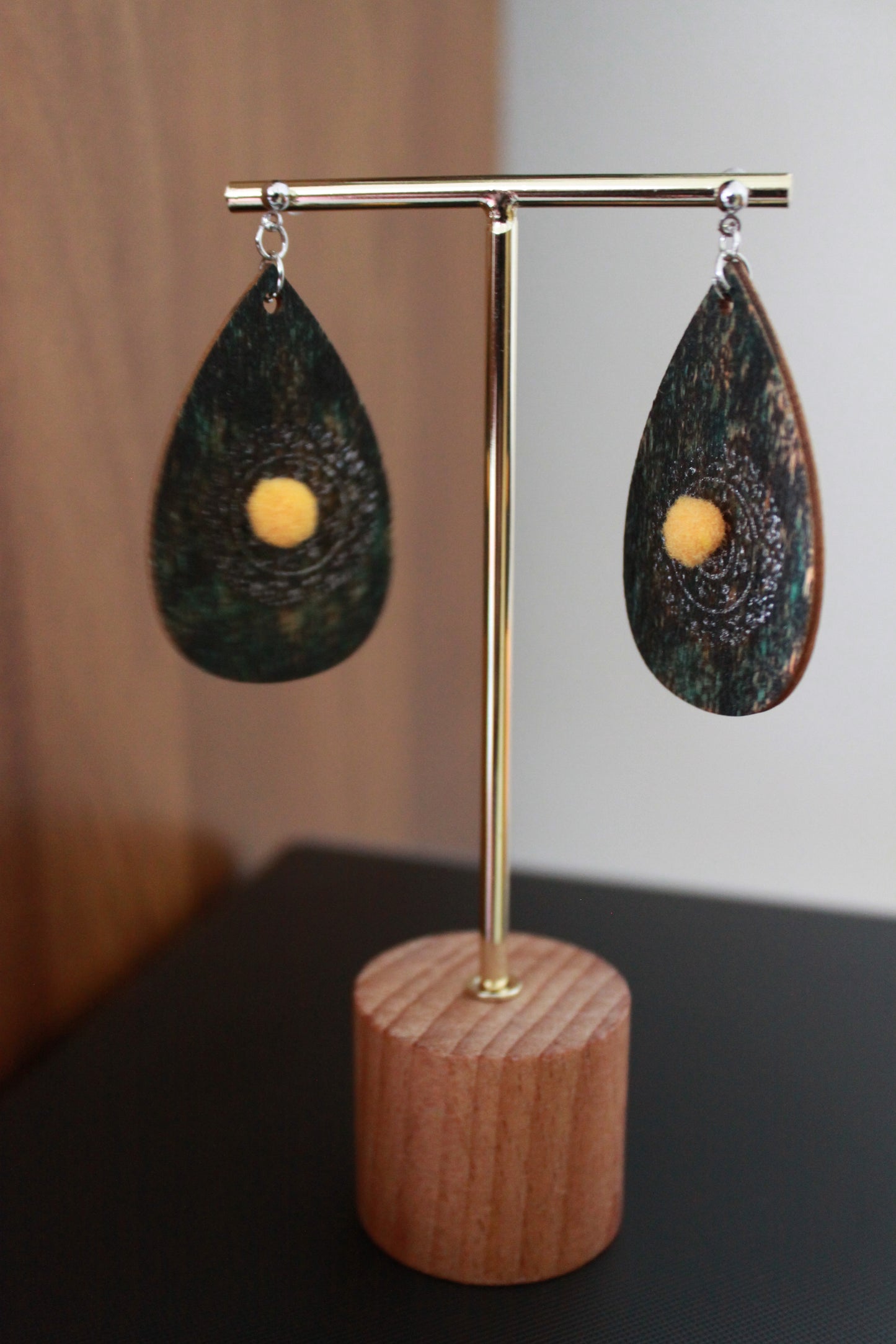 Rustic Green with Silver Stencil and Yellow Pom Pom Teardrop Earrings