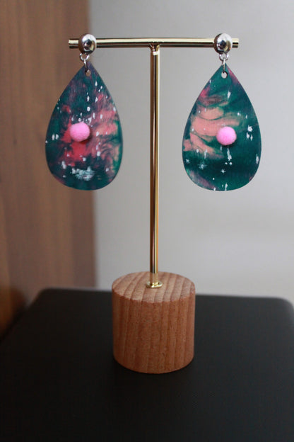 Pinkish Teal Marbled with Pink Pom Pom Teardrop Earrings