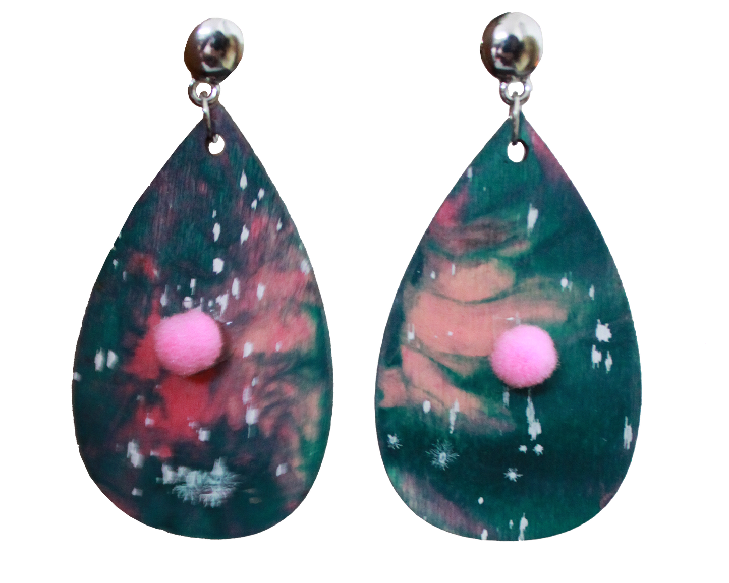 Pinkish Teal Marbled with Pink Pom Pom Teardrop Earrings