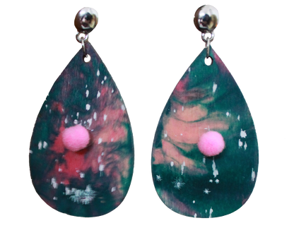 Pinkish Teal Marbled with Pink Pom Pom Teardrop Earrings