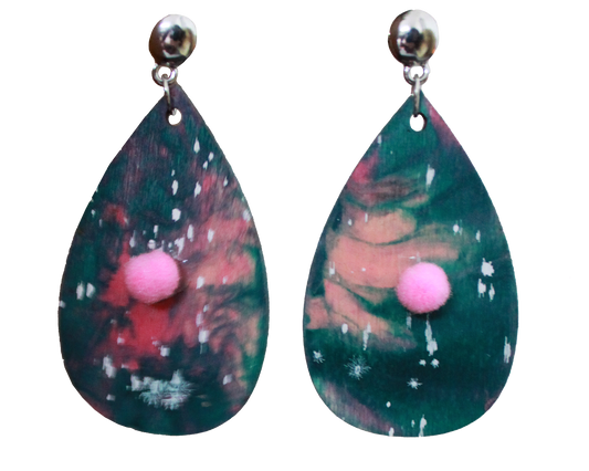 Pinkish Teal Marbled with Pink Pom Pom Teardrop Earrings