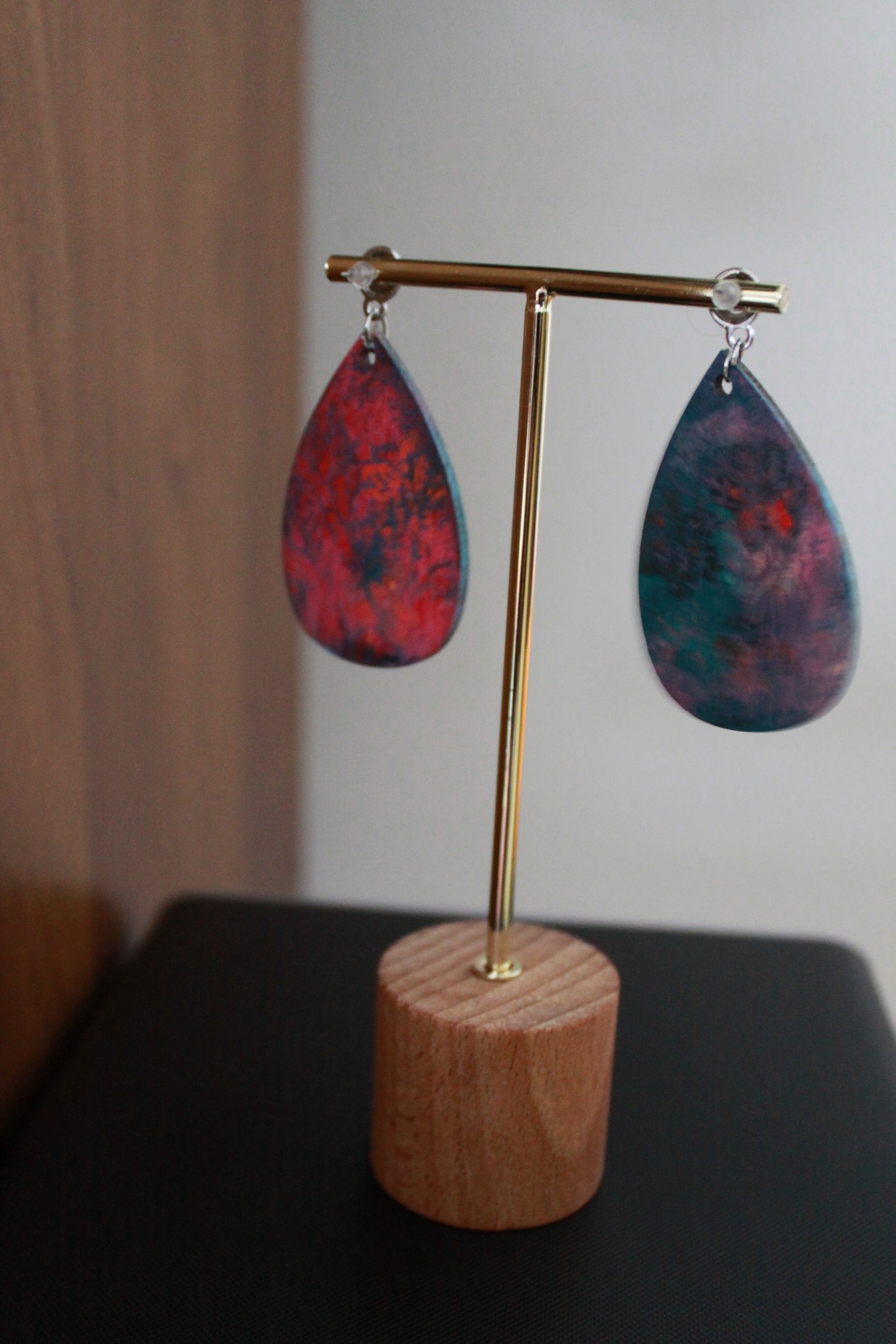 Pinkish Teal Marbled with Pink Pom Pom Teardrop Earrings