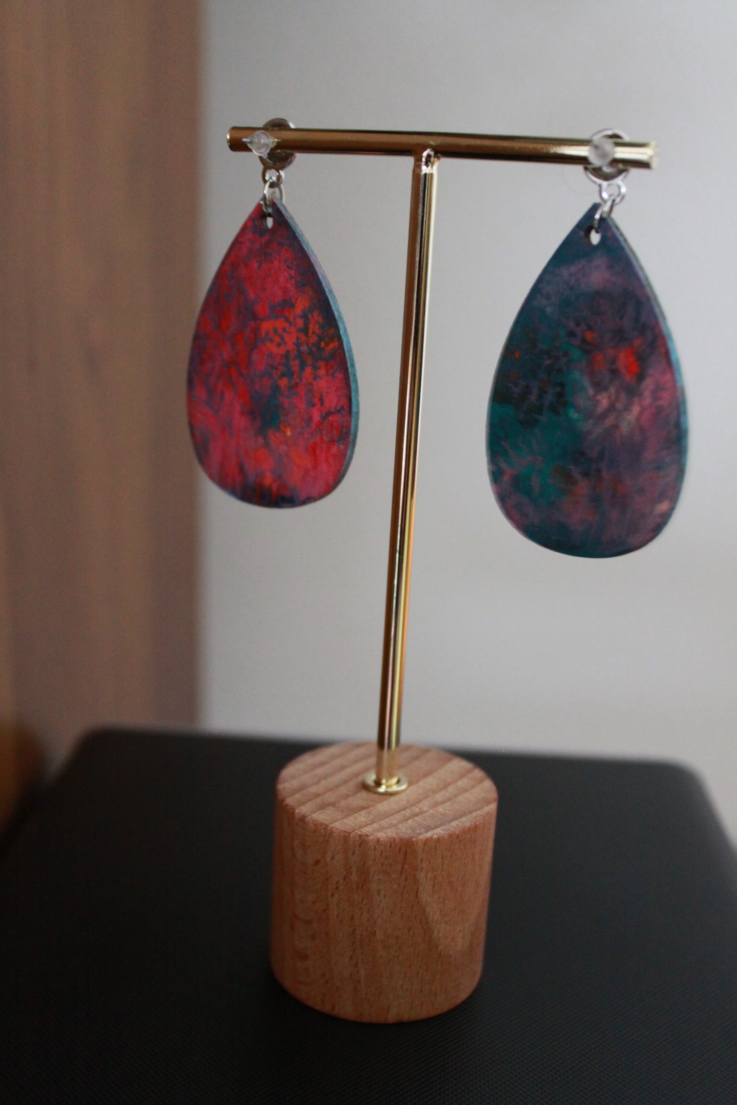 Pinkish Teal Marbled with Pink Pom Pom Teardrop Earrings