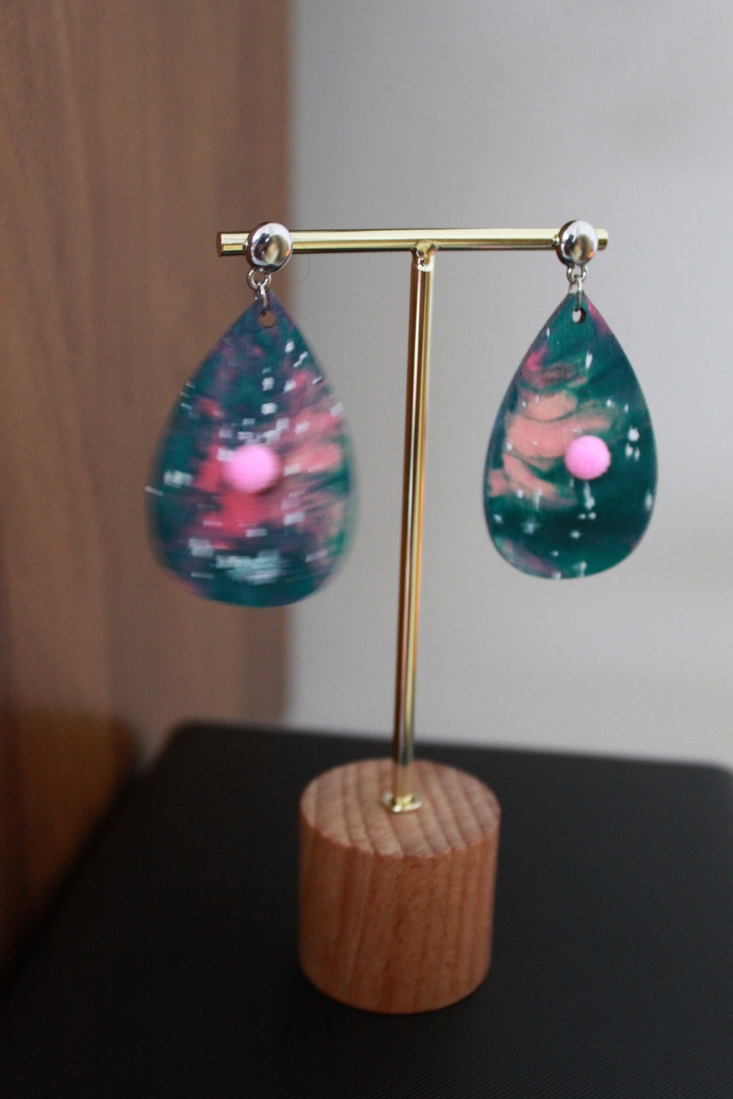 Pinkish Teal Marbled with Pink Pom Pom Teardrop Earrings