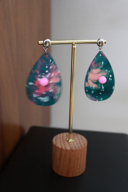 Pinkish Teal Marbled with Pink Pom Pom Teardrop Earrings