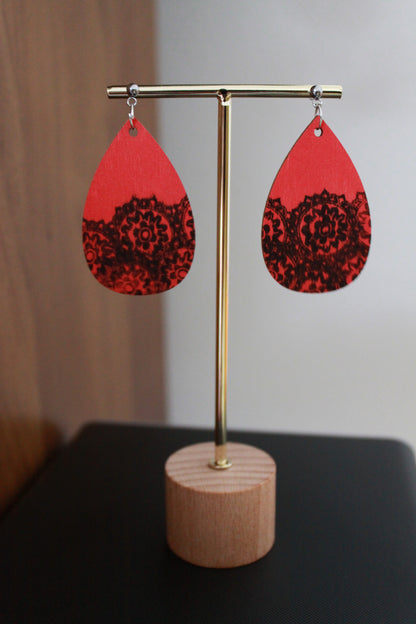 Red with Black Pattern Teardrop Earrings