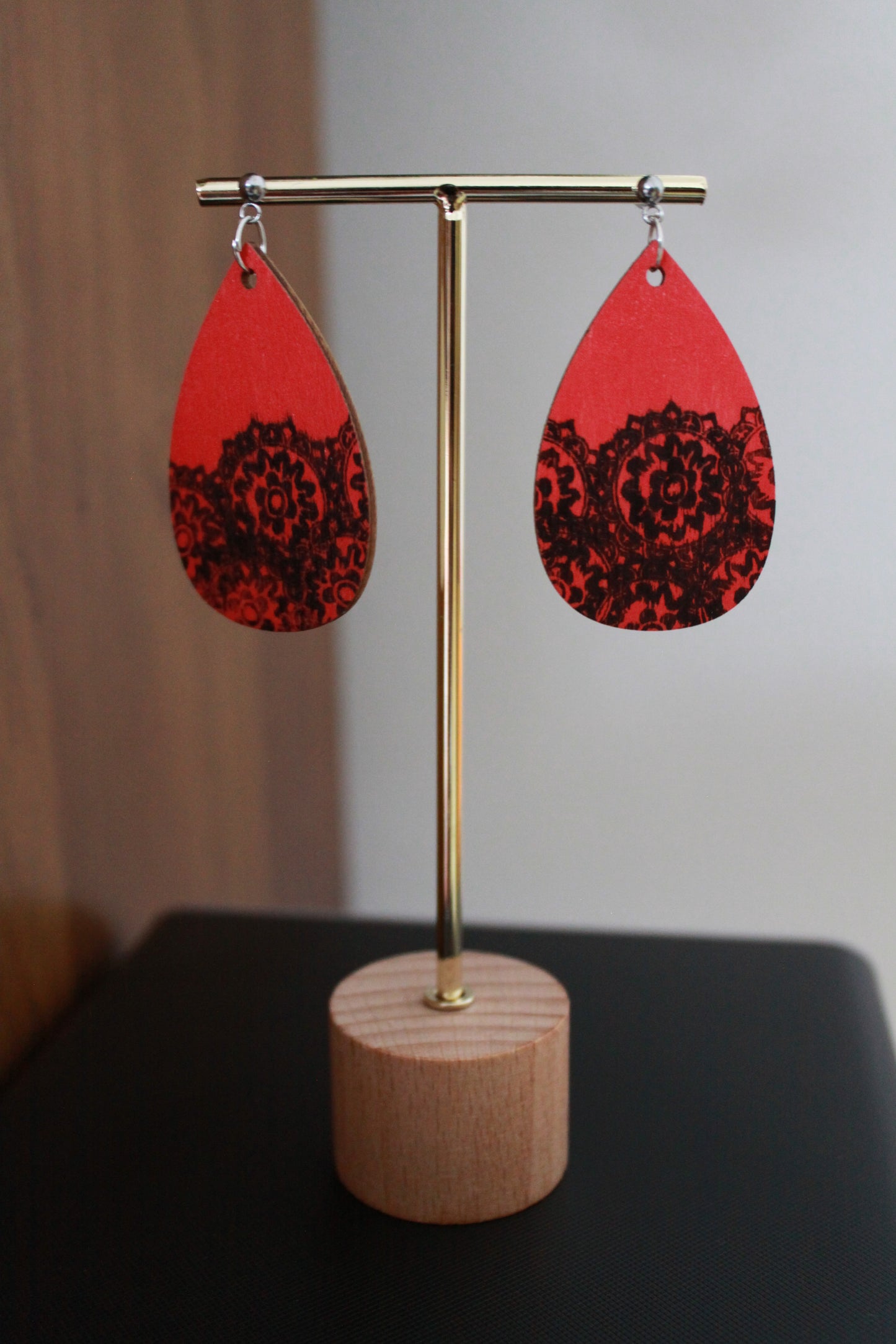 Red with Black Pattern Teardrop Earrings