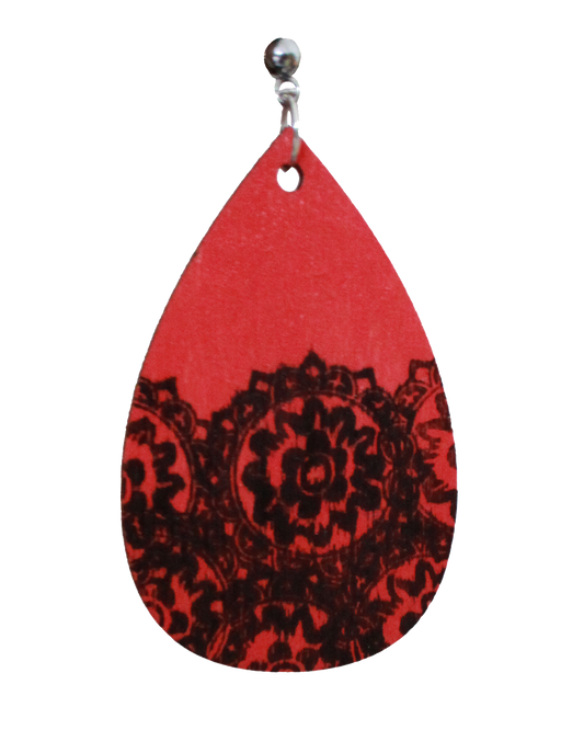 Red with Black Pattern Teardrop Earrings