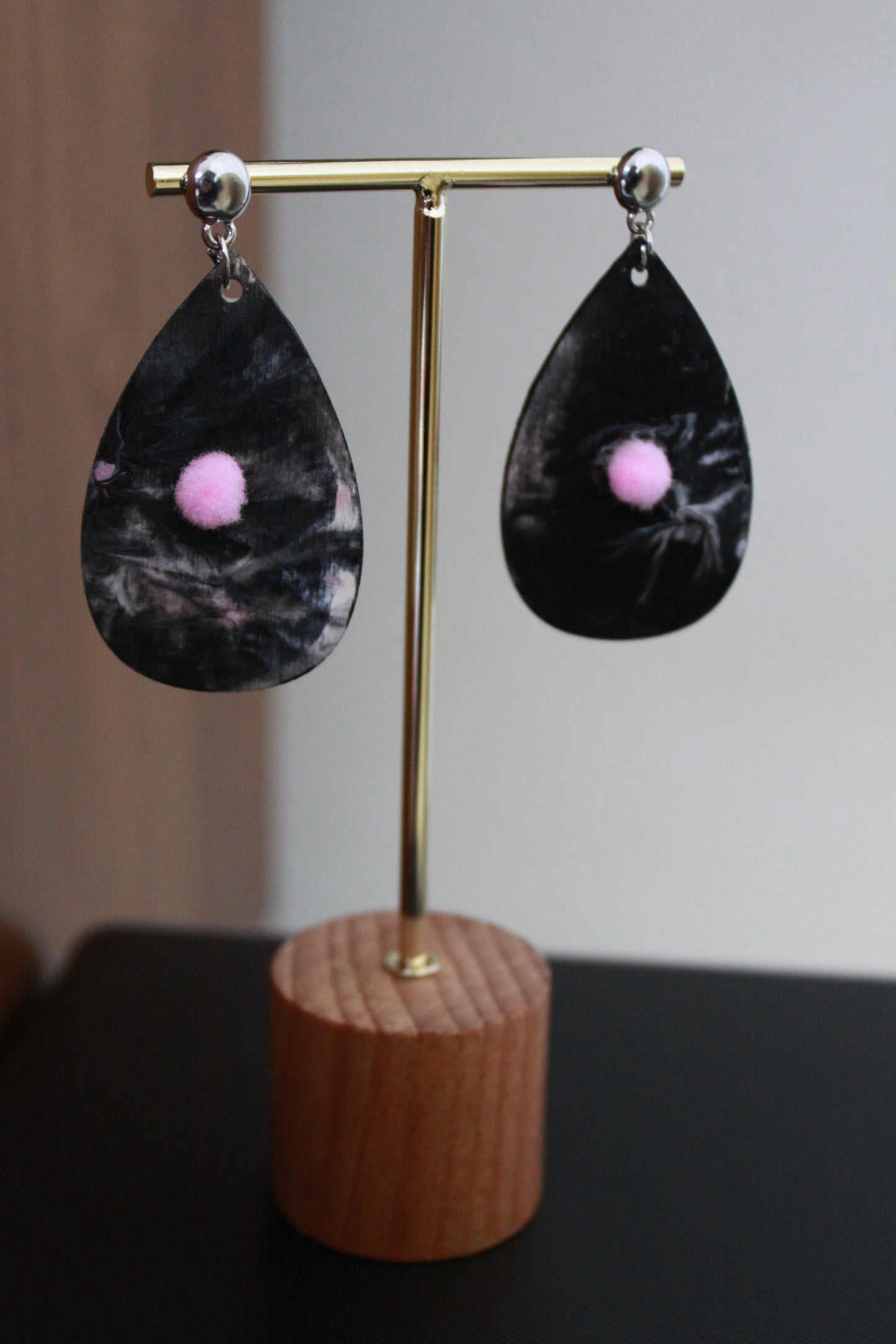 Blackish Pink Marbled with Pink Pom Pom Teardrop Earrings