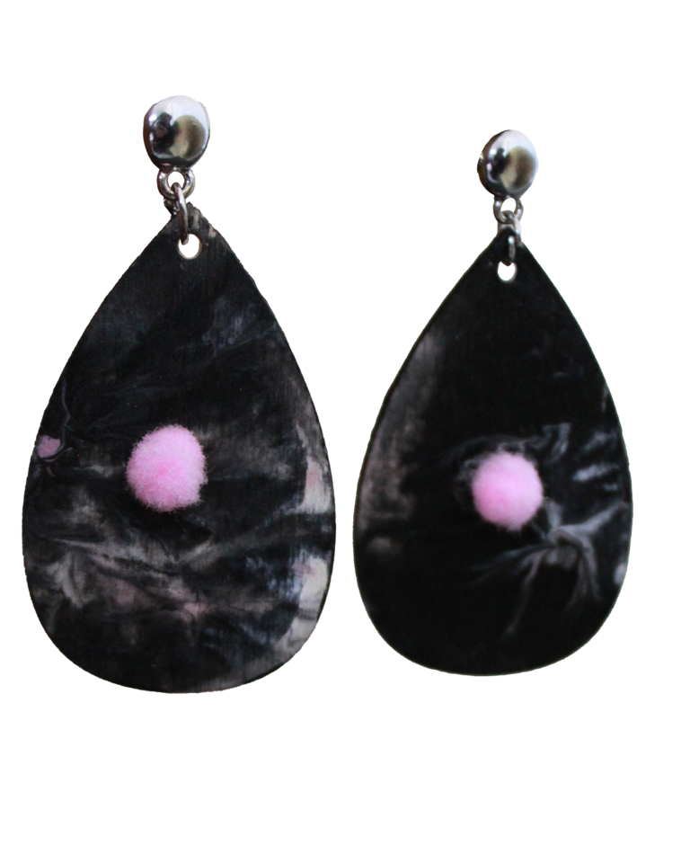 Blackish Pink Marbled with Pink Pom Pom Teardrop Earrings