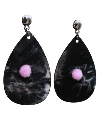 Blackish Pink Marbled with Pink Pom Pom Teardrop Earrings