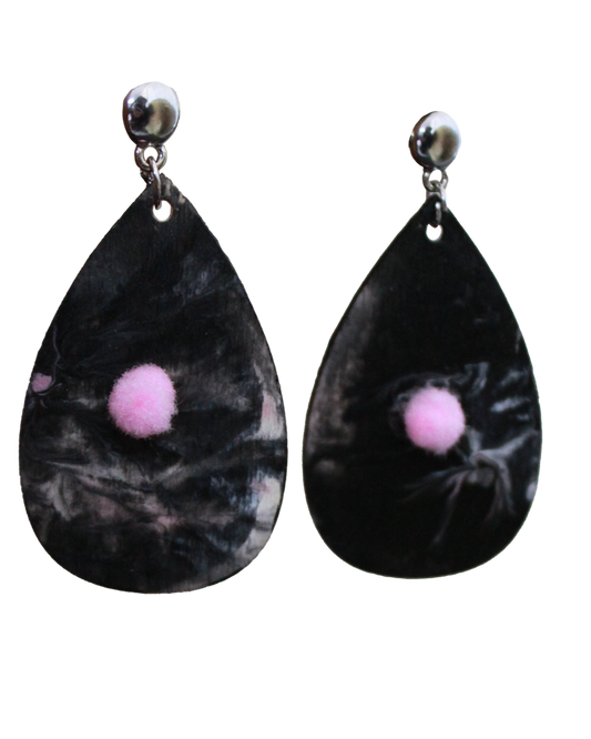 Blackish Pink Marbled with Pink Pom Pom Teardrop Earrings