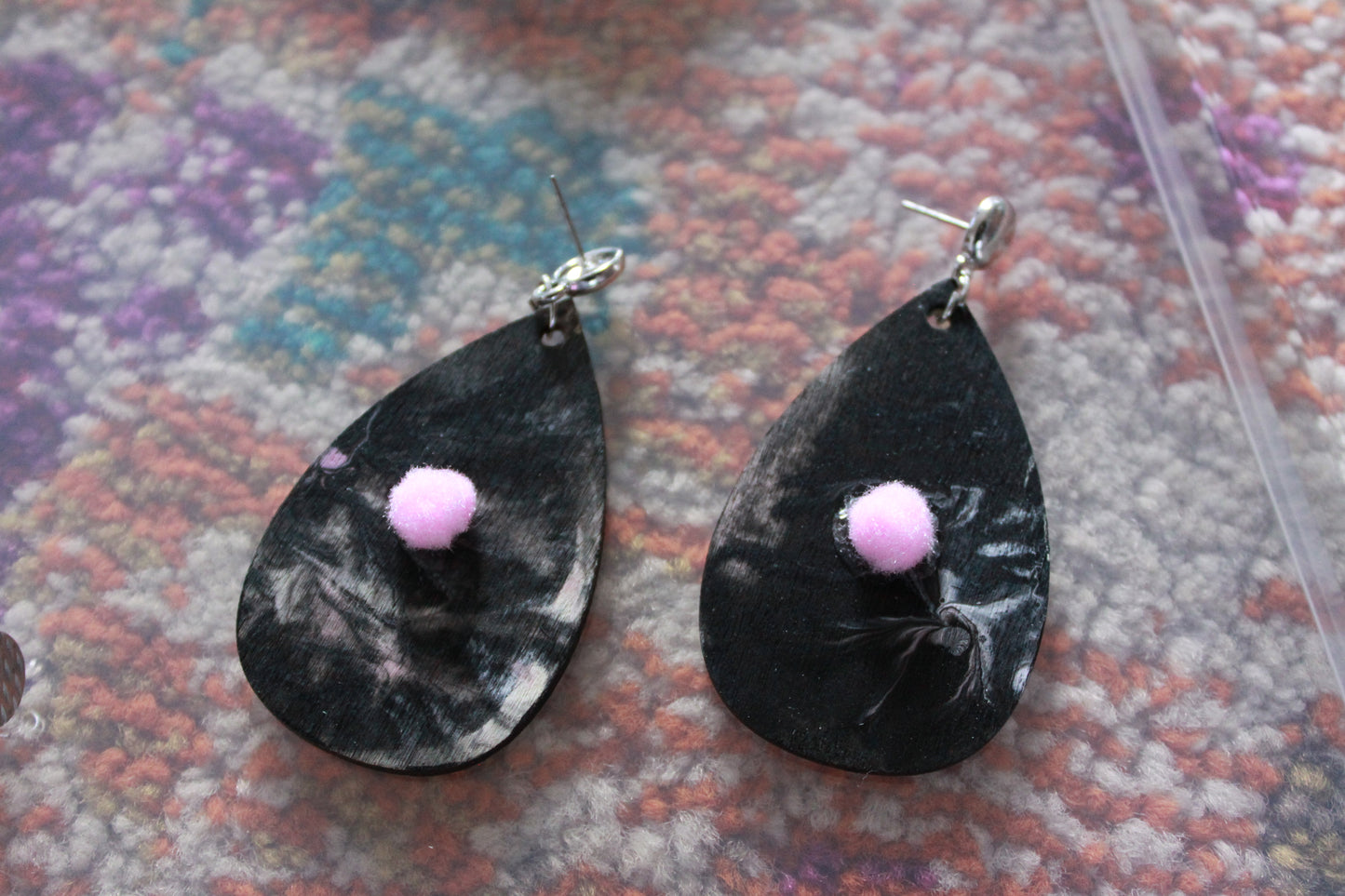 Blackish Pink Marbled with Pink Pom Pom Teardrop Earrings