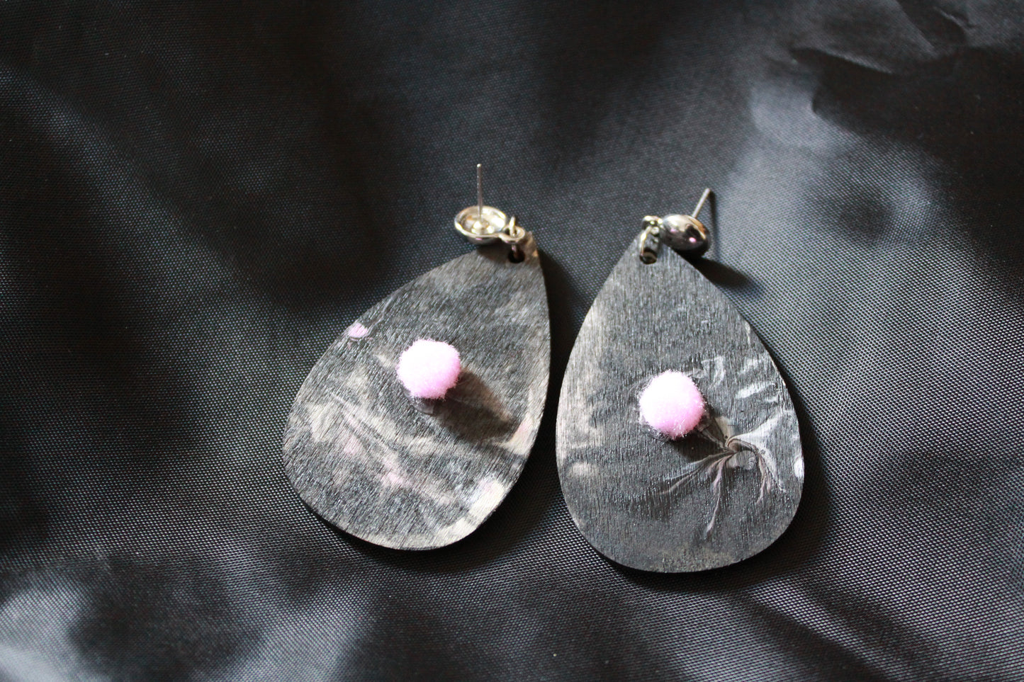 Blackish Pink Marbled with Pink Pom Pom Teardrop Earrings
