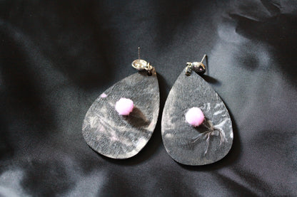 Blackish Pink Marbled with Pink Pom Pom Teardrop Earrings