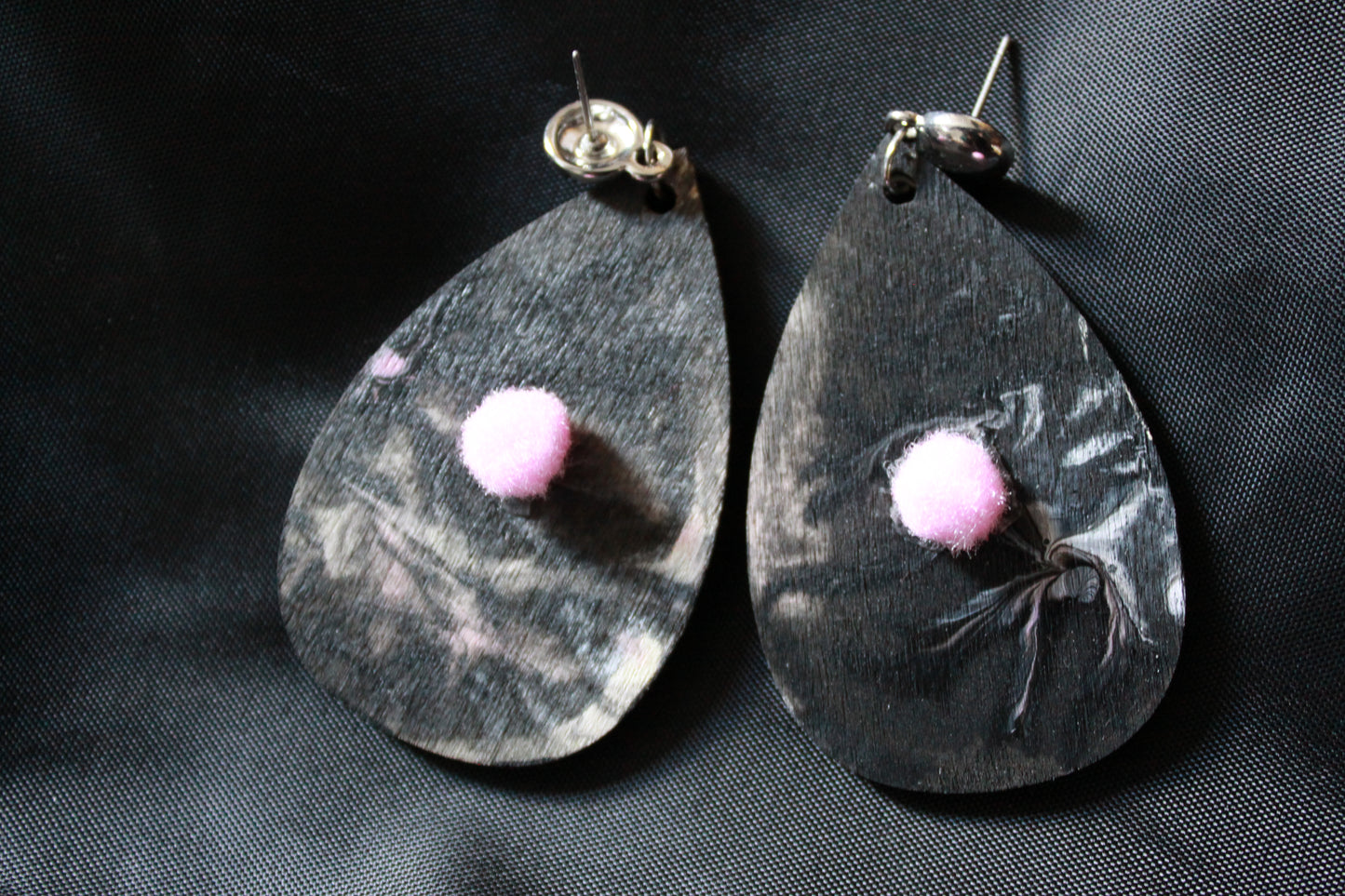 Blackish Pink Marbled with Pink Pom Pom Teardrop Earrings