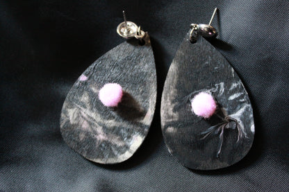 Blackish Pink Marbled with Pink Pom Pom Teardrop Earrings