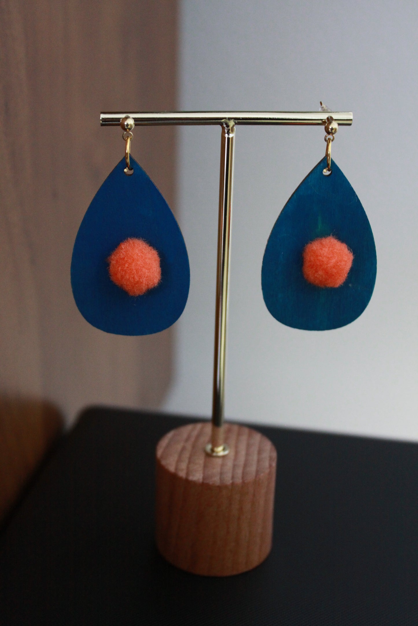 Blue with Orange Pom Pom Teardrop Earrings