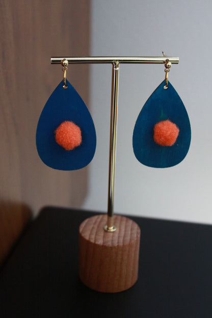 Blue with Orange Pom Pom Teardrop Earrings